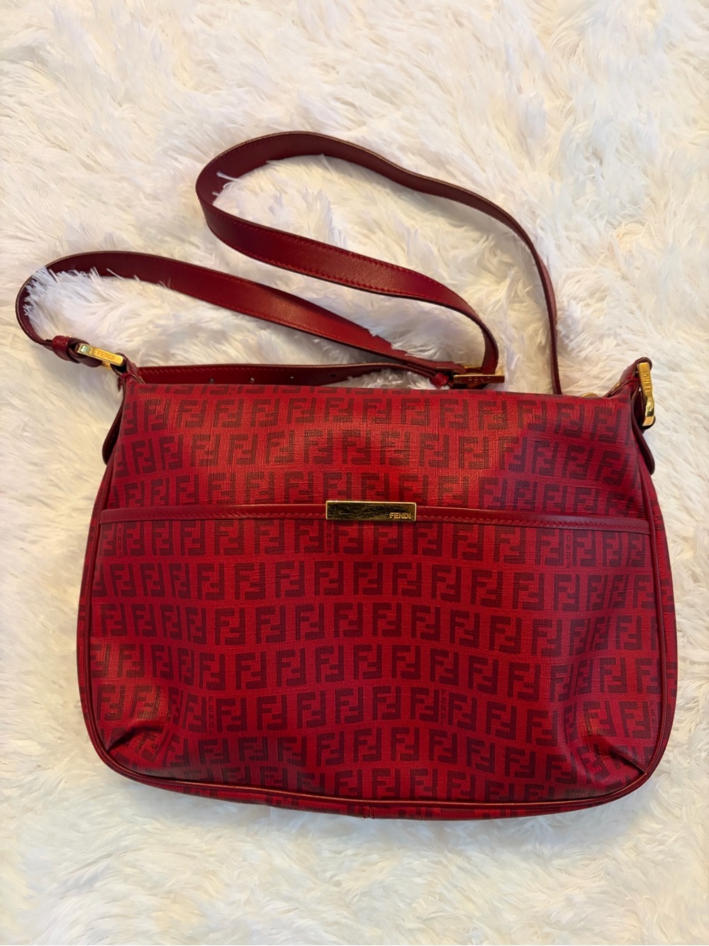 Fendi Red Zucca Signature Shoulder Bag with Gold Hardware